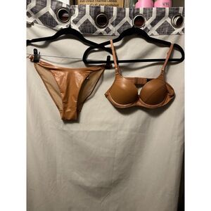 NWOT Honey Birdette Emily Toffee Bra Set Sheer Panties Leather Size 32B/Small